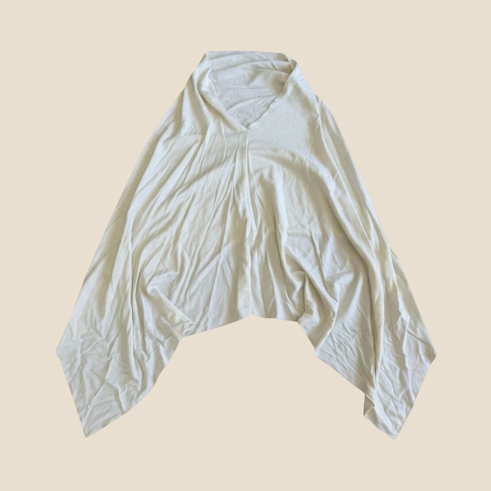 Peach White Bamboo Cotton Blend V-Neck Draped Poncho Wrap Handkerchief Hem